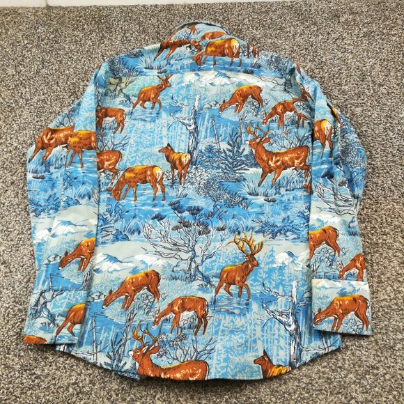 Vintage 60s 70s Flannel Shirt All Over Deer Print Permanent Press Mens Small - Picture 4 of 9